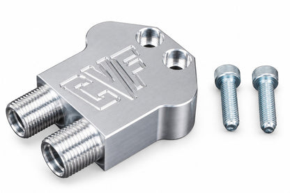 CVF Racing Polished 90-degree AC compressor fitting manifold for Sanden 7B10 Peanut compressors, AIR-FITTING-90