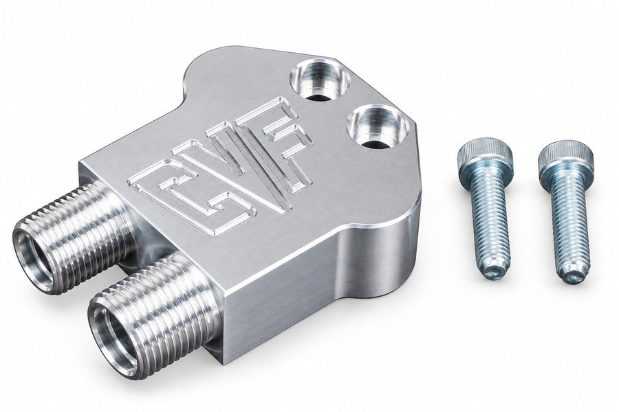 CVF Racing Polished 90-degree AC compressor fitting manifold for Sanden 7B10 Peanut compressors, AIR-FITTING-90