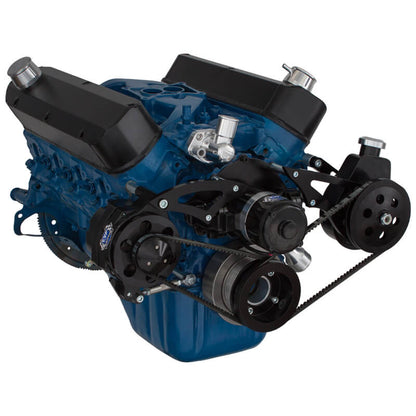CVF Racing Stealth Black V-belt alternator and power steering system for Ford 289, 302 and 351W with electric water pump, B-302-PS-SYSTEM-EWP