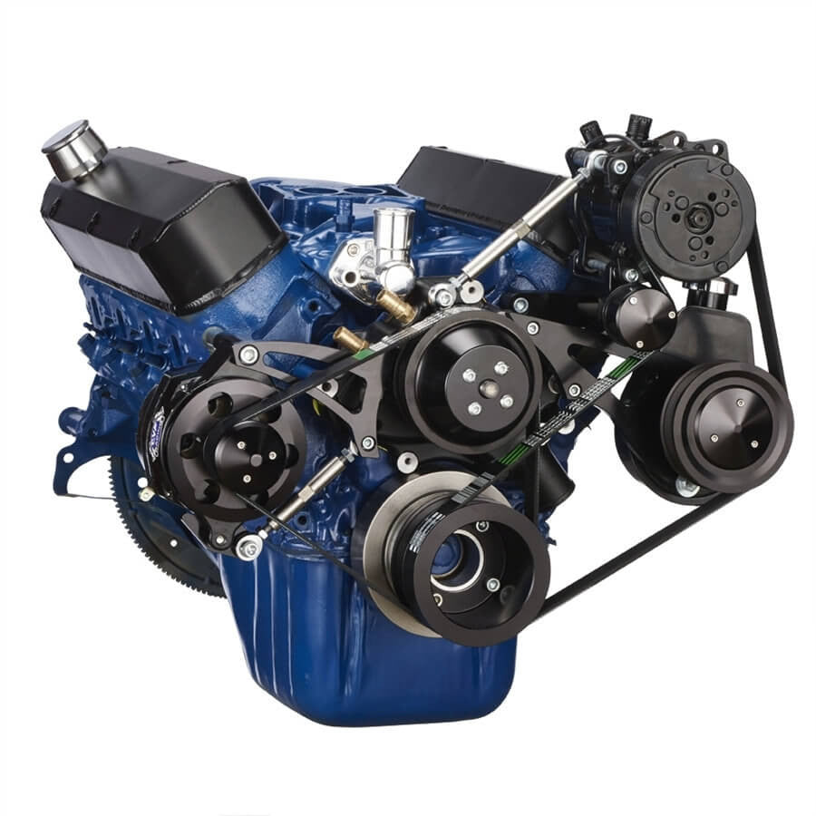 CVF Racing Stealth Black BEAST 8-rib serpentine conversion kit with A/C, alternator and power steering for Ford 289, 302 and 351W, B-302-SERPENTINE-AC