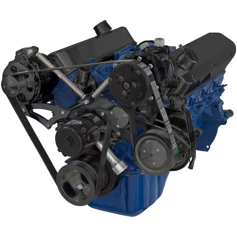 CVF Racing Stealth Black BEAST serpentine kit with A/C, alternator and power steering for Ford 289, 302 and 351W with electric water pump, B-302-SERPENTINE-AC-EWP