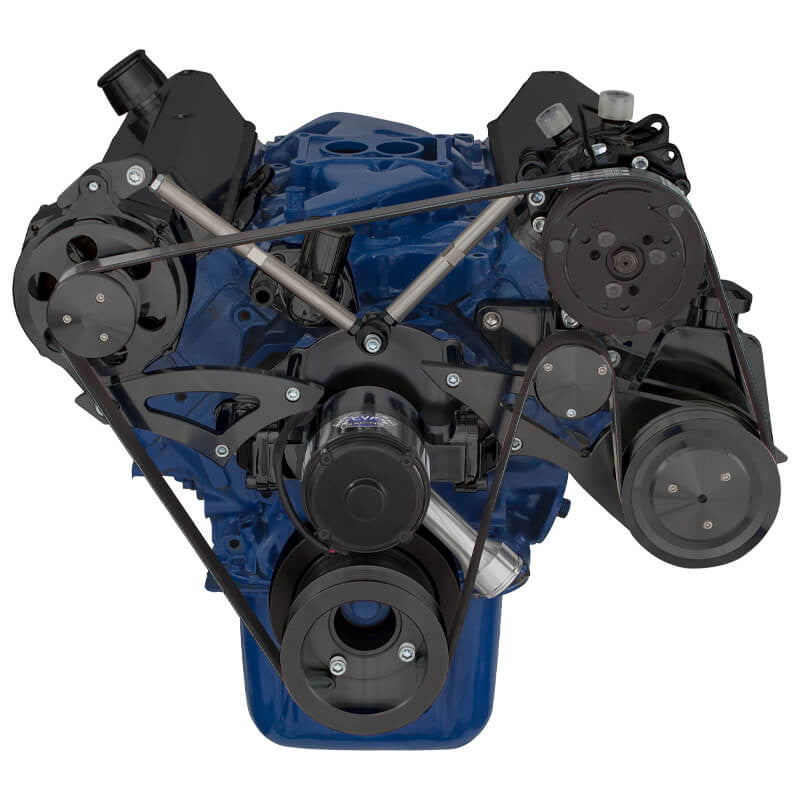 CVF Racing Stealth Black BEAST serpentine kit with A/C, alternator and power steering for Ford 289, 302 and 351W with electric water pump, B-302-SERPENTINE-AC-EWP