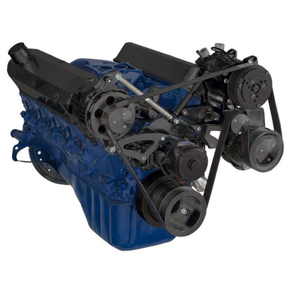 CVF Racing Stealth Black BEAST serpentine kit with A/C, alternator and power steering for Ford 289, 302 and 351W with electric water pump, B-302-SERPENTINE-AC-EWP
