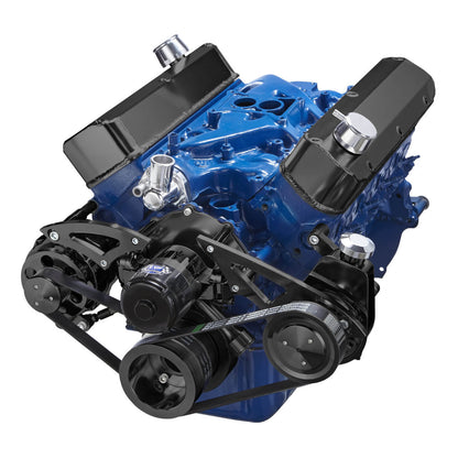 CVF Racing Stealth Black BEAST serpentine kit with alternator and power steering for Ford 289, 302 and 351W with electric water pump, B-302-SERPENTINE-PS-EWP