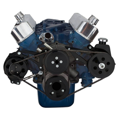 CVF Racing Stealth Black V-belt alternator and power steering system for Ford 289, 302 and 351W with shorty water pump, B-302-SHORTY-PS-SYSTEM