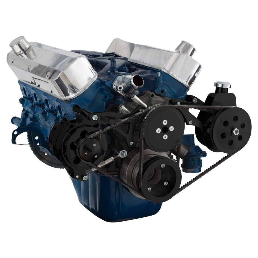 CVF Racing Stealth Black V-belt alternator and power steering system for Ford 289, 302 and 351W with shorty water pump, B-302-SHORTY-PS-SYSTEM