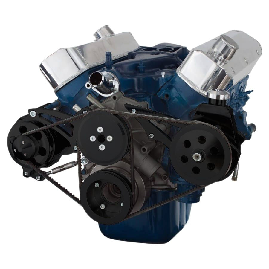 CVF Racing Stealth Black V-belt alternator and power steering system for Ford 289, 302 and 351W with shorty water pump, B-302-SHORTY-PS-SYSTEM