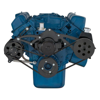 CVF Racing stealth black power steering and alternator V-belt system for Ford 351C with electric water pump, B-351C-PS-SYSTEM-EWP