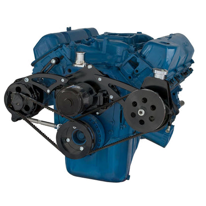 CVF Racing stealth black power steering and alternator V-belt system for Ford 351C with electric water pump, B-351C-PS-SYSTEM-EWP