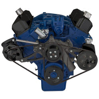 CVF Racing Stealth Black V-belt alternator and Saginaw power steering system for Ford FE 390, 427 and 428, B-390-PS-SYSTEM-S