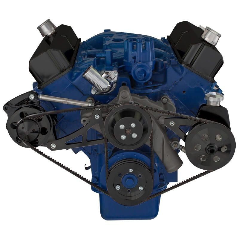 CVF Racing Stealth Black V-belt alternator and Saginaw power steering system for Ford FE 390, 427 and 428, B-390-PS-SYSTEM-S