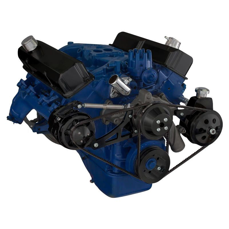 CVF Racing Stealth Black V-belt alternator and Saginaw power steering system for Ford FE 390, 427 and 428, B-390-PS-SYSTEM-S