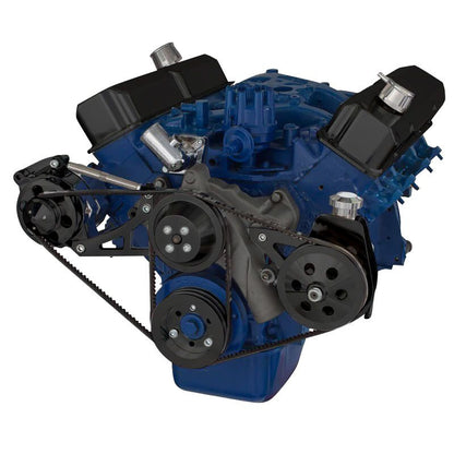 CVF Racing Stealth Black V-belt alternator and Saginaw power steering system for Ford FE 390, 427 and 428, B-390-PS-SYSTEM-S