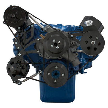 CVF Racing stealth black V-belt pulley and bracket system with A/C, alternator and power steering for Ford 429 and 460 big block, B-460-AC-SYSTEM