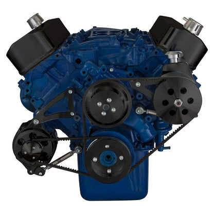 CVF Racing stealth black V-belt power steering and low mount alternator system for Ford 429 and 460 big block, B-460-PS-SYSTEM-L