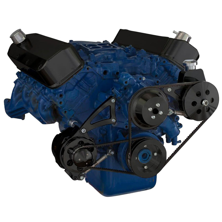 CVF Racing stealth black V-belt power steering and low mount alternator system for Ford 429 and 460 big block, B-460-PS-SYSTEM-L