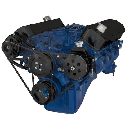 CVF Racing stealth black V-belt power steering and high mount alternator system for Ford 429 and 460 big block, B-460-PS-SYSTEM