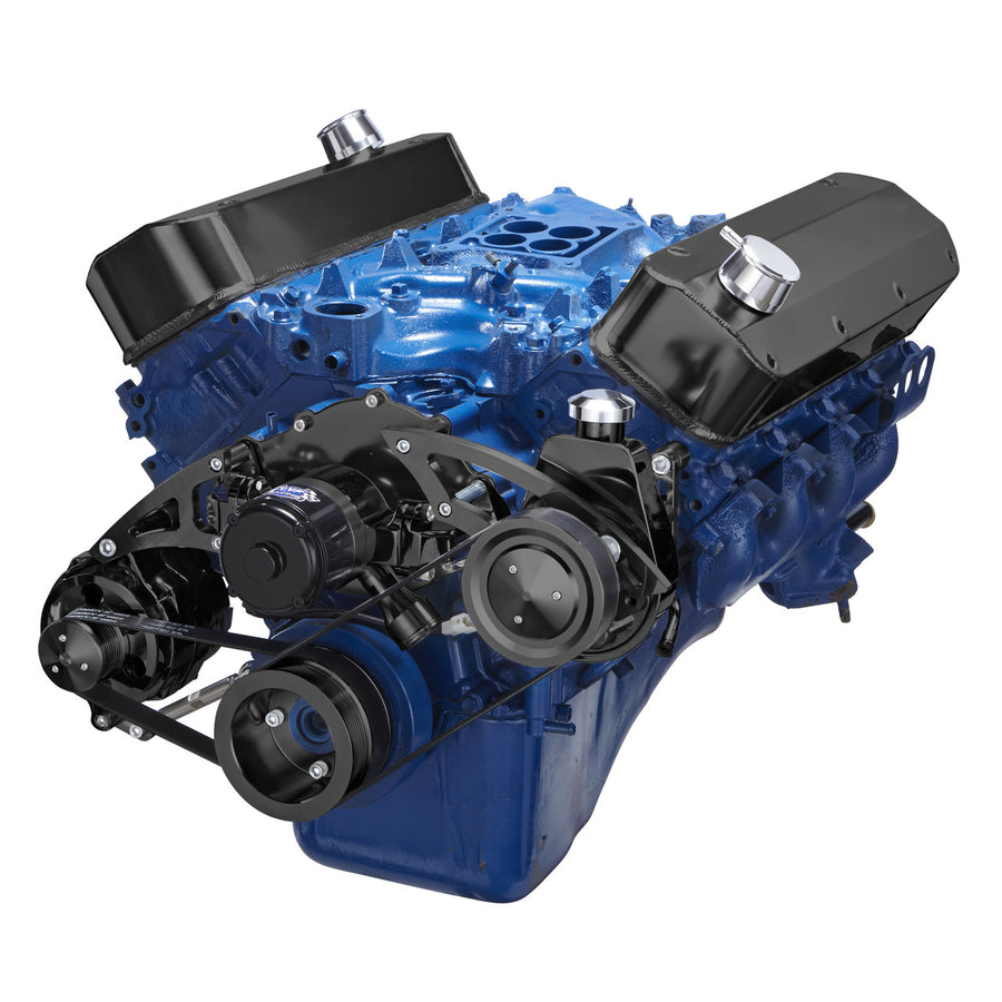 CVF Racing stealth black BEAST 8-rib serpentine conversion kit, alternator & power steering, for Ford 429 and 460 big block, B-460-SERPENTINE-PS-EWP
