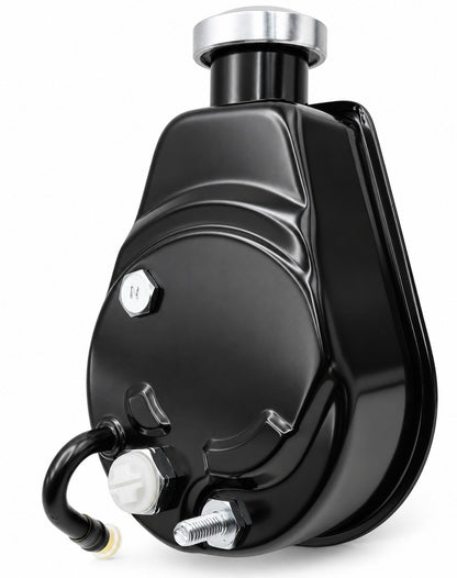 CVF Racing black Saginaw power steering pump with 5/8 in. keyway shaft, B-SAGINAW-PUMP-KEY