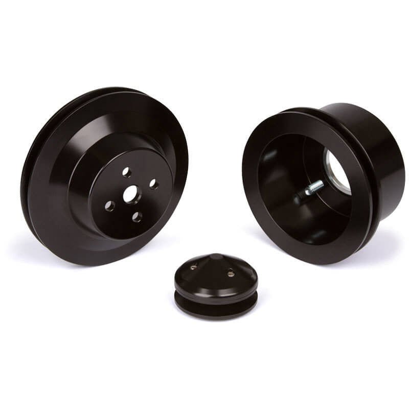 CVF Racing Stealth Black billet V-belt pulley kit for Ford small block, 3-bolt damper, passenger side lower hose, B-SBFE1KIT