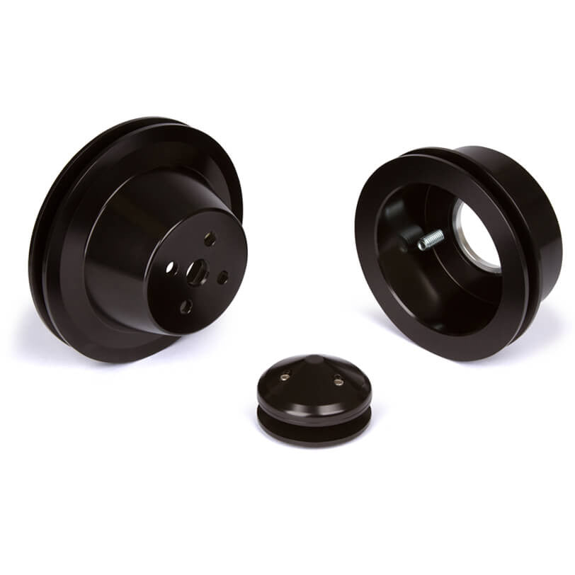 CVF Racing Stealth Black billet V-belt pulley kit for Ford small block, 3-bolt damper, passenger side lower hose, B-SBFE1KIT-CVF