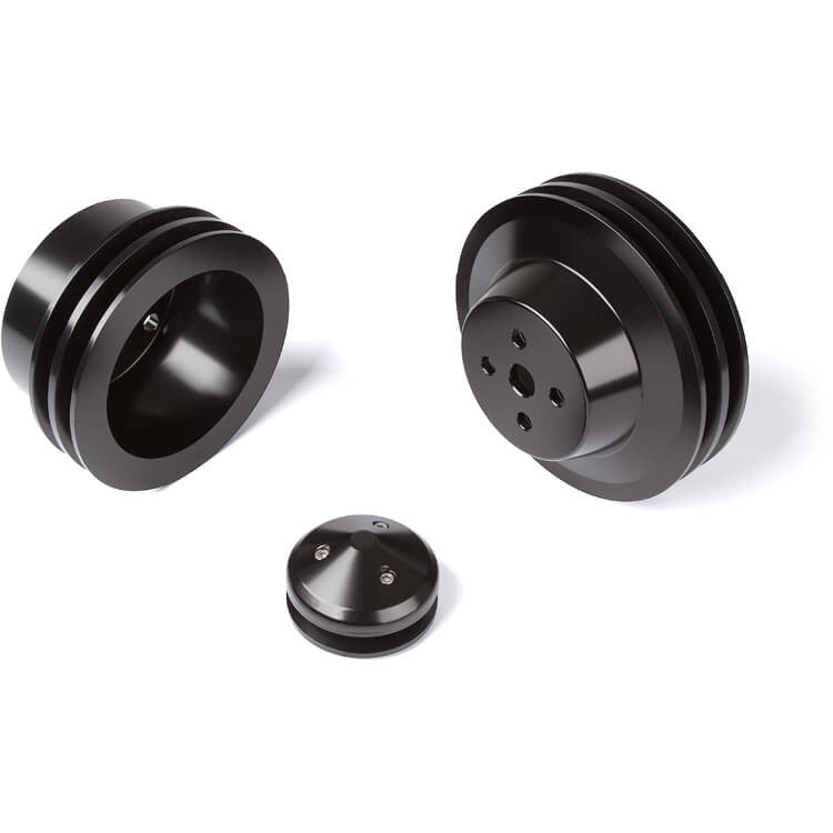 CVF Racing Stealth Black billet V-belt pulley kit for Ford small block, 3-bolt damper, passenger side lower hose, B-SBFE2KIT