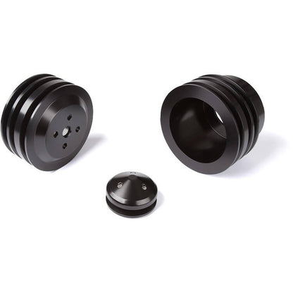 CVF Racing Stealth Black billet V-belt pulley kit for Ford small block, 3-bolt damper, passenger side lower hose, B-SBFE33KIT-HF