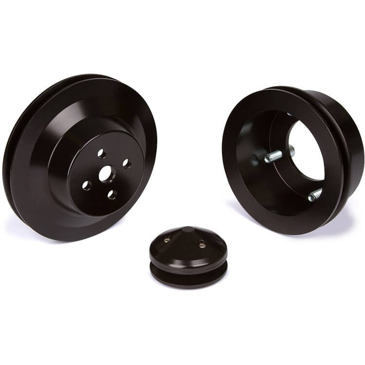 CVF Racing Stealth Black billet V-belt pulley kit for Ford small block, 4-bolt damper, driver's side lower hose, B-SBFL1KIT