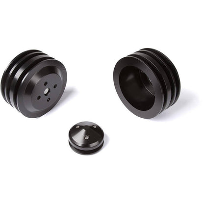 CVF Racing Stealth Black billet V-belt pulley kit for Ford small block, 4-bolt damper, passenger side lower hose, B-SBFS33KIT-HF