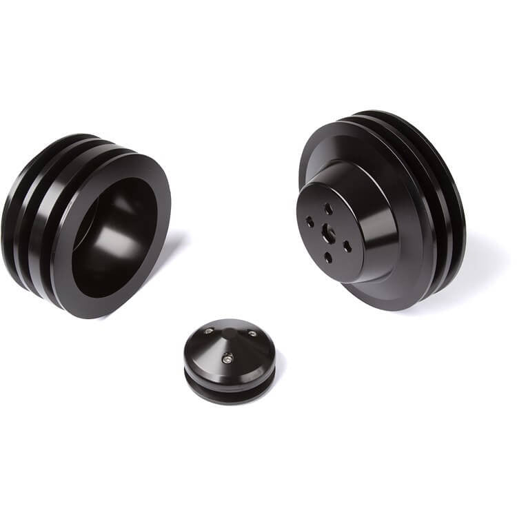 CVF Racing Stealth Black billet V-belt pulley kit for Ford small block, 4-bolt damper, passenger side lower hose, B-SBFS3KIT