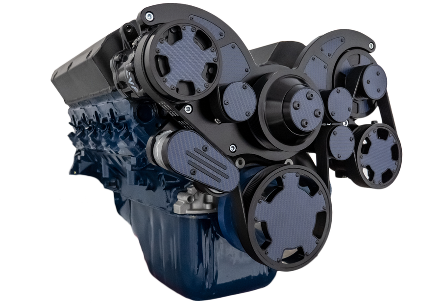 CVF Racing Stealth Black with Carbon Fiber WRAPTOR 8-rib serpentine system for Ford 289/302/351W small block, CF-B-302-WRAPTOR-AC