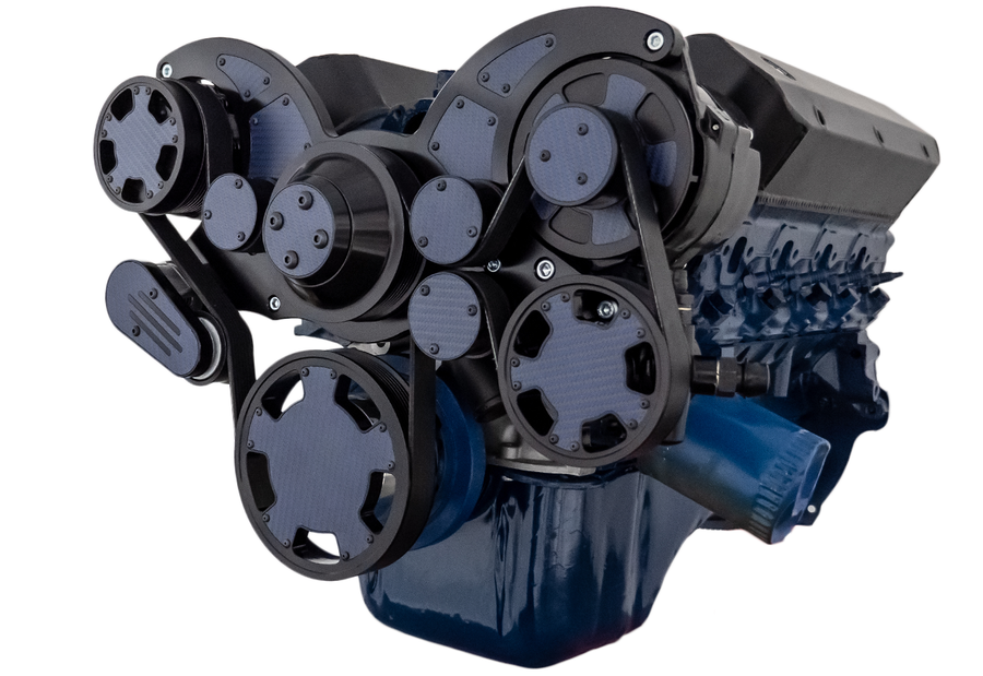 CVF Racing Stealth Black with Carbon Fiber WRAPTOR 8-rib serpentine system for Ford 289/302/351W small block, CF-B-302-WRAPTOR-AC