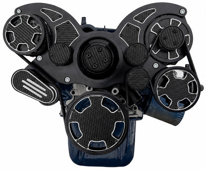 CVF Racing black diamond with carbon fiber inlays Wraptor serpentine system for Ford 351C, 351M and 400, CF-BD-351C-WRAPTOR