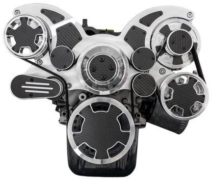 CVF Racing polished and carbon fiber Wraptor serpentine system with power steering and alternator for Ford 289, 302 and 351W, CF-302-WRAPTOR-PS