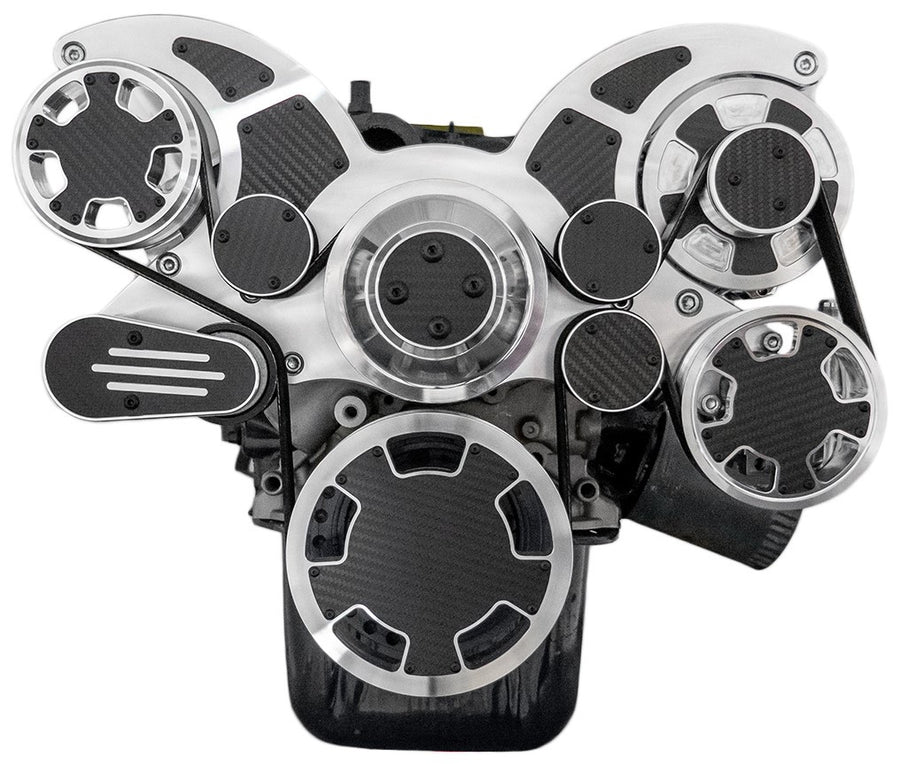 CVF Racing polished and carbon fiber Wraptor serpentine system with power steering and alternator for Ford 289, 302 and 351W, CF-302-WRAPTOR-PS
