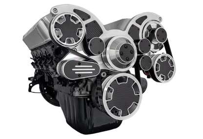 CVF Racing polished and carbon fiber Wraptor serpentine system with power steering and alternator for Ford 289, 302 and 351W, CF-302-WRAPTOR-PS