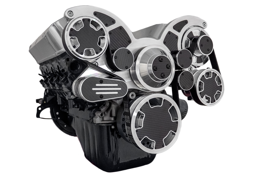 CVF Racing polished and carbon fiber Wraptor serpentine system with power steering and alternator for Ford 289, 302 and 351W, CF-302-WRAPTOR-PS