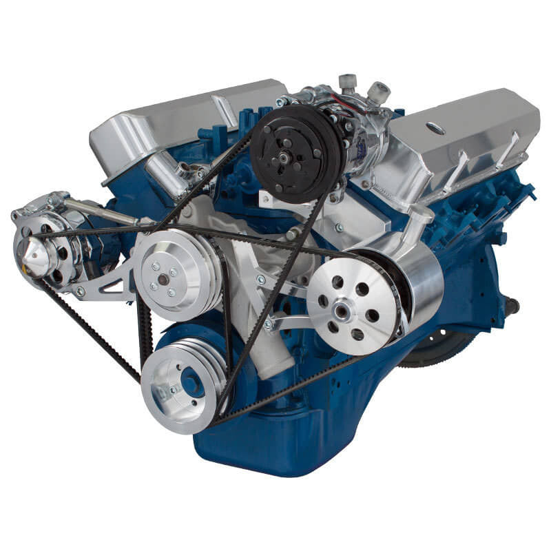 CVF Racing polished V-belt A/C, alternator and power steering system for Ford FE 390, 427 and 428, 390-AC-SYSTEM-F-HF
