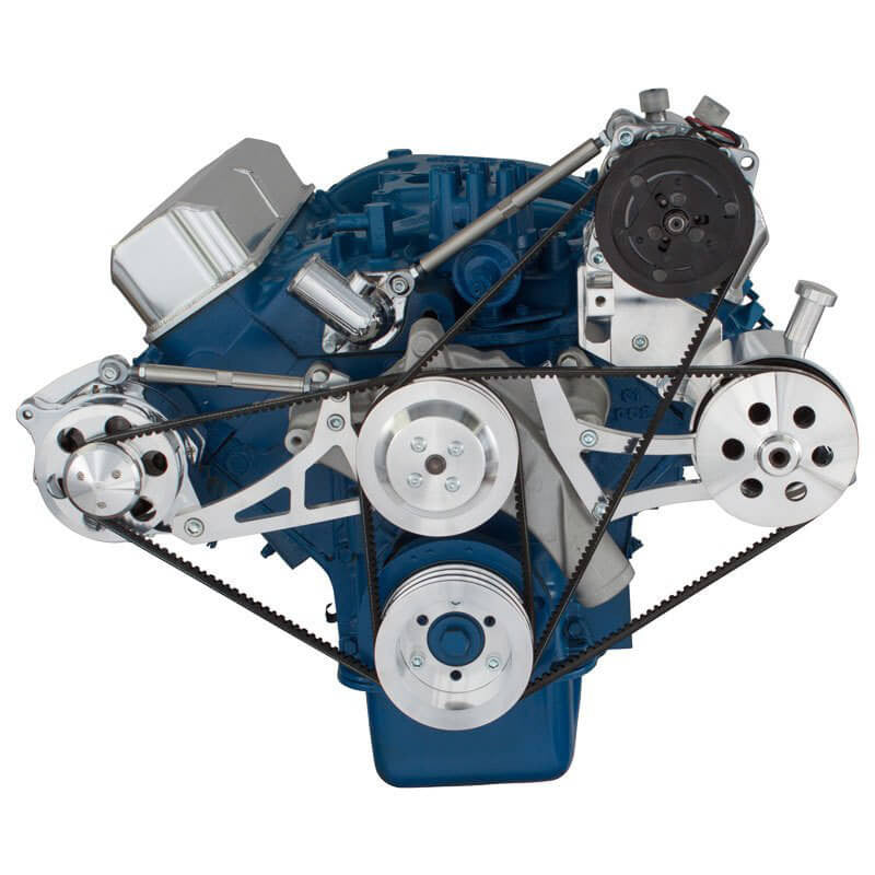 CVF Racing polished V-belt A/C, alternator and power steering system for Ford FE 390, 427 and 428, 390-AC-SYSTEM-F-HF