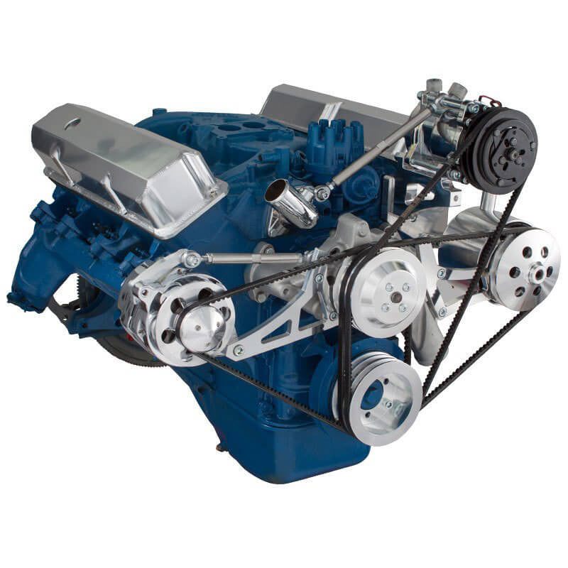 CVF Racing polished V-belt A/C, alternator and power steering system for Ford FE 390, 427 and 428, 390-AC-SYSTEM-F-HF
