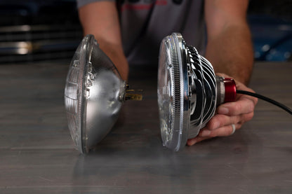 LED Forward Facing Light Yellow Lens 5.75 Inch Round Modern-Tech Upgrade For Old-School Sealed Beam Headlight Systems Utilizes 5700K Bulb Sold Individually please see the new LFRB106 as a high-beam only option RetroBright