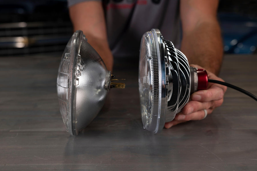 LED Forward Facing Light Yellow Lens 5.75 Inch Round Modern-Tech Upgrade For Old-School Sealed Beam Headlight Systems Utilizes 5700K Bulb Sold Individually please see the new LFRB106 as a high-beam only option RetroBright