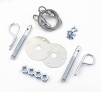 Mr Gasket Hood pin kit with hairpin style clips, lanyard cables, and scuff plates. 1616