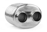 Premium Sound Absorption Muffler Dual 63.5mm (2.5 Inch) T304 stainless steel with straight-through Dual 63.5mm (2.5 Inch) inlet and outlet. Oval Body 220mm (8.66 Inch) x 169mm (6.65 Inch) x 211mm (8.31 Inch) APR