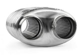 Premium Sound Absorption Muffler Dual 70mm (2.75 Inch) T304 stainless steel with straight-through Dual 70mm (2.75 Inch) inlet and outlet. Oval Body 217mm (8.54 Inch) x 134mm (5.285 Inch) x 210mm (8.27 Inch) APR