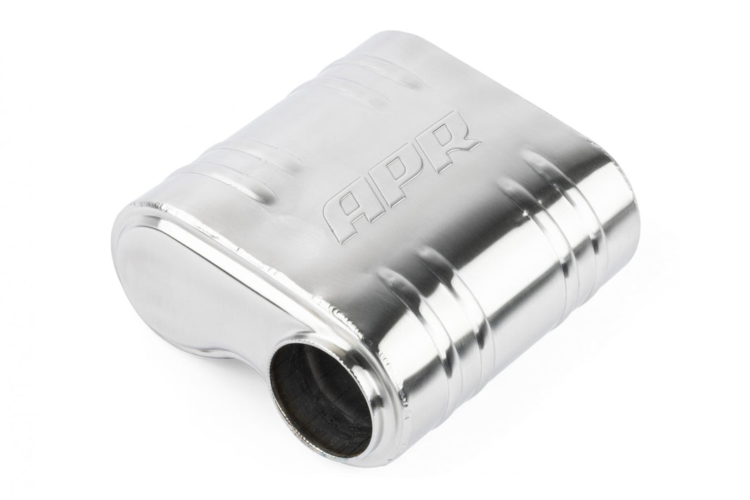 Premium Helmholtz Resonator 76mm (3 Inch) T304 stainless steel with straight-through 76mm (3 Inch) design with offset inlet and outlet. Rounded square body 243mm (9.57 Inch) x 240mm (9.45 Inch) x 110mm (4.33 Inch) with driveshaft indent APR