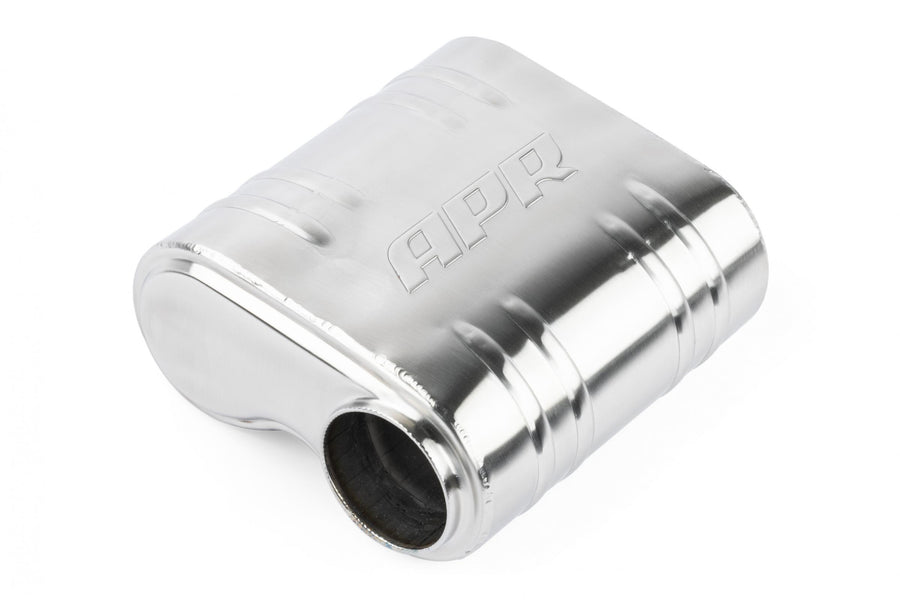 Premium Helmholtz Resonator 76mm (3 Inch) T304 stainless steel with straight-through 76mm (3 Inch) design with offset inlet and outlet. Rounded square body 243mm (9.57 Inch) x 240mm (9.45 Inch) x 110mm (4.33 Inch) with driveshaft indent APR