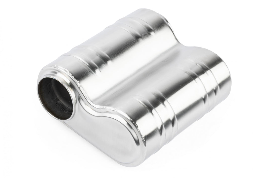 Premium Helmholtz Resonator 76mm (3 Inch) T304 stainless steel with straight-through 76mm (3 Inch) design with offset inlet and outlet. Rounded square body 243mm (9.57 Inch) x 240mm (9.45 Inch) x 110mm (4.33 Inch) with driveshaft indent APR
