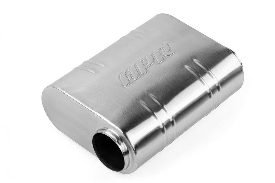 Premium Helmholtz Resonator 76mm (3 Inch) T304 stainless steel with straight-through 76mm (3 Inch) design with offset inlet and outlet. Rounded square body 311mm (12.24 Inch) x 240mm (9.45 Inch) x 110mm (4.33 Inch) APR