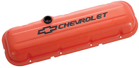 Proform Engine Valve Covers; Stamped Steel; Short; Orange; w/ Bowtie Logo; Fits BB Chevy 141-789